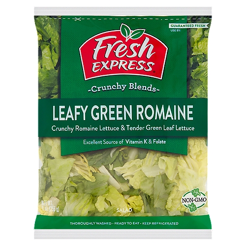 Fresh Express Leafy Green Romaine Salad, 9 oz
Crunchy Romaine Lettuce & Tender Green Leaf Lettuce

Leafy Green is an excellent source of vitamin K & Folate. Vitamin K contributes to maintenance of normal bone. Folate contributes is normal maternal tissue growth during pregnancy.

Why We're So Fresh®
To Guarantee Fresh Express Salads Are Consistently, Deliciously Fresh®, We:
• Cool Our Salads within Hours of Harvest and Keep them Chilled from Field to Store.
• Thoroughly Rinse and Gently Dry; then Seal them in Our Keep-Crisp® Bag to Maintain Freshness.
• Deliver Fresh Salads Daily.
