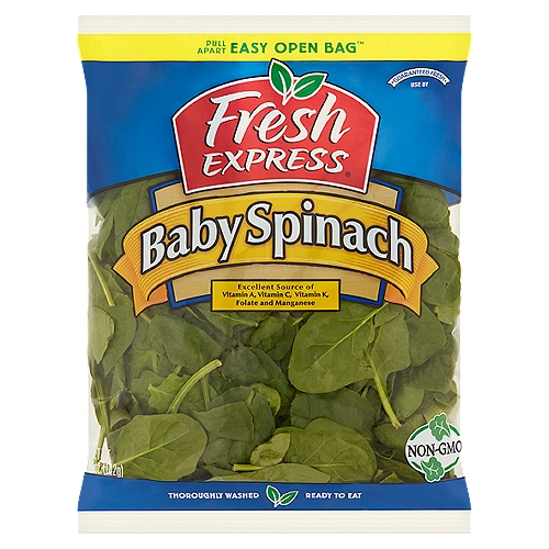 Fresh Express Baby Spinach, 5 oz
Baby Spinach is an excellent source of vitamin A and Folate. Vitamin A contributes to the maintenance of normal vision. Vitamin C and folate contributes to the reduction of fatigue. It is also an excellent source of vitamin K and manganese. Vitamin K and Manganese helps maintain healthy bones. Low fat diets rich in fruits and vegetables (foods that are low in fat and contain vitamin A, vitamin C and dietary fiber) may reduce the risk of some types of cancer, a disease associated with many factors.