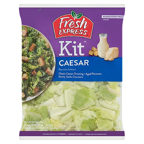 Fresh Express Kit Caesar Salad, 9.8 oz
Romaine Lettuce, Classic Caesar Dressing, Aged Parmesan, Savory Garlic Croutons

Why We're So Fresh®
To Guarantee Fresh Express Salads are Consistently, Deliciously Fresh®, We:
• Cool Our Salads within Hours of Harvest and Keep them Chilled from Field to Store.
• Thoroughly Rinse and Gently Dry; then Seal them in Our Keep-Crisp® Bag to Maintain Freshness.
• Deliver Fresh Salads Daily.