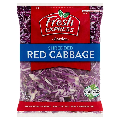 Fresh Express Shredded Red Cabbage, 8 oz
Why We're so Fresh®
To Guarantee Fresh Express Salads are Consistently, Deliciously Fresh®, We:
• Cool Our Salads within Hours of Harvest and Keep them Chilled from Field to Store.
• Thoroughly Rinse and Gently Dry; then Seal them in Our Keep-Crisp Bag to Maintain Freshness.
• Deliver Fresh Salads Daily.

Fruits & veggies more matters®