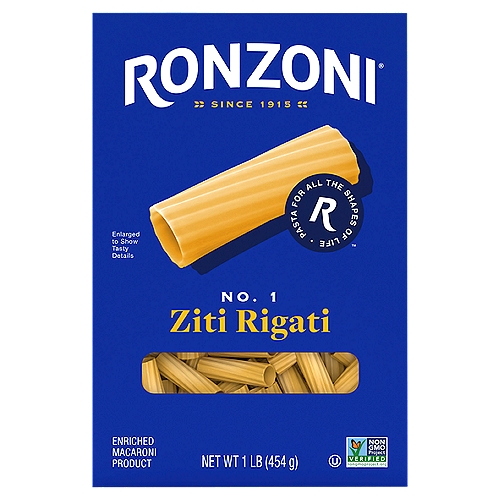 Ronzoni Ziti Rigati, 16 oz, Ridged Tubed Pasta, Non-GMO