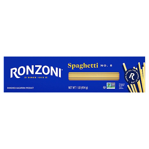 Ronzoni Spaghetti No. 8 Pasta, 16 oz
Ronzoni Spaghetti has a delicious legacy—marked by over 100 years of slurping. Paired with hearty red sauces, creamy whites, light olive oils, or even savory soup broths, Spaghetti is as versatile as it is beloved. Each 16 oz box contains 8 servings so you can share your favorite pasta dish with more than a few of your favorite people. A delicious foundation to wholesome meals, Ronzoni pasta is low fat, sodium- and cholesterol-free, vegetarian, non-GMO, and made with no artificial colors or preservatives. So, dish up delicious. Serve up scrumptious. Create your next five-star recipe. With Ronzoni, you can discover and re-discover your favorite pasta.