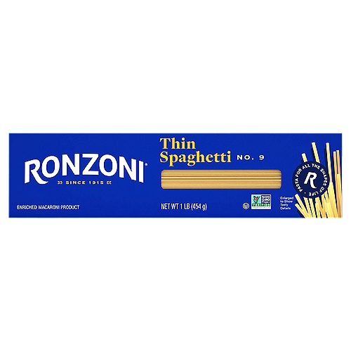 Ronzoni Thin Spaghetti is the in-the-middle pasta for those seeking an option thicker than Angel Hair yet thinner than Spaghetti. Thin Spaghetti is the perfect width to thicken tangy stir fry, creamy shrimp dishes, or light oil sauces. You can also break it up to add texture to brothy soups. Each 16 oz box contains up to 8 servings so you can share your favorite pasta dish with more than a few of your favorite people. A delicious foundation to wholesome meals, Ronzoni pasta is low fat, sodium- and cholesterol-free, vegetarian, non-GMO, and made with no artificial colors or preservatives. So, dish up delicious. Serve up scrumptious. Create your next five-star recipe.

For more than 100 years, we've been making pastas that fuel life and all its dynamics. Culinary odysseys. Cozy, one-pot comforts. A portal to the past--moments of love and laughter in each scrumptious bite. Rediscover favorite dishes. Ronzoni is America's pasta brand, for all the shapes of life. Enjoy!