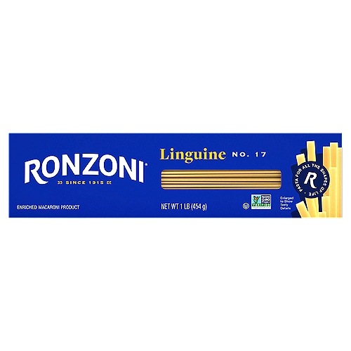 Ronzoni Linguine is known for its frequent use in clam sauces and seafood pasta dishes. But it is so much more. With its exquisite taste and texture, this narrow, flat pasta pairs well with most any pasta sauce. So, serve it up in a savory shrimp scampi, luscious lemon garlic sauce, or decadent carbonara. Each 16 oz box contains up to 8 servings so you can share your favorite pasta dish with more than a few of your favorite people. A delicious foundation to wholesome meals, Ronzoni pasta is low fat, sodium- and cholesterol-free, vegetarian, non-GMO, and made with no artificial colors or preservatives. So, dish up delicious. Serve up scrumptious. Create your next five-star recipe.

For more than 100 years, we've been making pastas that fuel life and all its dynamics. Culinary odysseys. Cozy, one-pot comforts. A portal to the past--moments of love and laughter in each scrumptious bite. Rediscover favorite dishes. Ronzoni is America's pasta brand, for all the shapes of life. Enjoy!