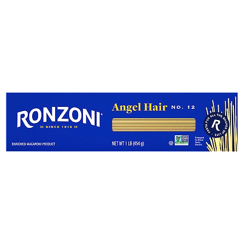Ronzoni No. 12 Angel Hair Pasta, 16 oz
Ronzoni Angel Hair Pasta is the darling of the kitchen. With delicate, thin strands, Angel Hair celebrates bringing an elegant meal to the table in minutes - how divine. Angel hair, or Capelli D'Angelo, is a delectable bite of goodness in zesty shrimp pastas, light olive oil tosses, and spicy red sauces. Each 16 oz box contains up to 8 servings so you can share your favorite pasta dish with more than a few of your favorite people. A delicious foundation to wholesome meals, Ronzoni pasta is low fat, sodium- and cholesterol-free, vegetarian, non-GMO, and made with no artificial colors or preservatives. So, dish up delicious. Serve up scrumptious. Create your next five-star recipe. With Ronzoni, you can discover and re-discover your favorite pasta.

Ronzoni pasta is full of possibilities. For more than 100 years, we have been making dry pastas that fuel life and all its dynamics. Spaghetti dinners. Celebratory cavatappi, a new dish. Lasagna from family recipes. And fun twists like veggie-based rotini. Ronzoni is pasta, and pasta is life.