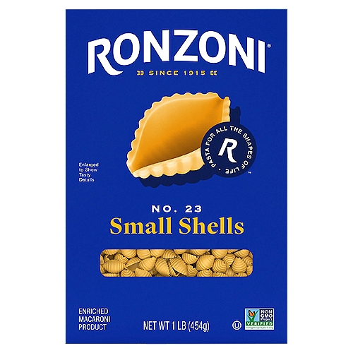 Ronzoni Small Shells are our littlest pasta shell size. While our Jumbo Shells are ideal for filling and our Medium Shells hold pockets full of thick and creamy sauces, our Small Shells make for a higher noodle-to-sauce ratio in each delicious bite. Small Shells work well in chilled pasta salads, warm soups, and thick or cheesy sauces. Each 16 oz box contains up to eight servings so you can share your favorite pasta dish with more than a few of your favorite people. A delicious foundation to wholesome meals, Ronzoni pasta is low fat, sodium- and cholesterol-free, vegetarian, non-GMO, and made with no artificial colors or preservatives. So, dish up delicious. Serve up scrumptious. Create your next five-star recipe.

For more than 100 years, we've been making pastas that fuel life and all its dynamics. Culinary odysseys. Cozy, one-pot comforts. A portal to the past--moments of love and laughter in each scrumptious bite. Rediscover favorite dishes. Ronzoni is America's pasta brand, for all the shapes of life. Enjoy!