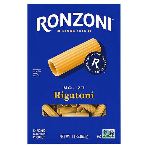 Ronzoni Rigatoni give taste, texture, and versatility in each box. Boil and bake them. Toss them in a rich sauce. Enjoy them in a cool pasta salad. Sauces cling to these large, ribbed tubes, creating a tunnel of tastiness. Pair Rigatoni with hearty, rich sauces - creamy or tomato-based - for a flavor-filled pasta dish. Each 16 oz box contains up to eight servings so you can share your favorite pasta dish with more than a few of your favorite people. A delicious foundation to wholesome meals, Ronzoni pasta is low fat, sodium- and cholesterol-free, vegetarian, non-GMO, and made with no artificial colors or preservatives. So, dish up delicious. Serve up scrumptious. Create your next five-star recipe.

For more than 100 years, we've been making pastas that fuel life and all its dynamics. Culinary odysseys. Cozy, one-pot comforts. A portal to the past--moments of love and laughter in each scrumptious bite. Rediscover favorite dishes. Ronzoni is America's pasta brand, for all the shapes of life. Enjoy!