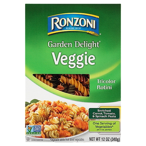 Ronzoni Garden Delight Rotini is pasta with a twist. Made with vegetables - dried carrot, tomato, and spinach - Garden Delight Rotini is tricolor tastiness at its finest. Plus, it provides a quarter-cup of vegetables per 2 oz serving. Start with Garden Delight pasta and add your own twist with your choice of veggie-based sauces, proteins, and seasonings. Each 12 oz box contains up to 6 tasty servings. A delicious foundation to wholesome meals, Ronzoni pasta is low fat, sodium- and cholesterol-free, vegetarian, non-GMO, and made with no artificial colors or preservatives. So, dish up delicious. Serve up scrumptious. Create your next five-star recipe. With Ronzoni, you can discover and re-discover your favorite pasta.nnRonzoni pasta is full of possibilities. For more than 100 years, we have been making dry pastas that fuel life and all its dynamics. Spaghetti dinners. Celebratory cavatappi, a new dish. Lasagna from family recipes. And fun twists like veggie-based rotini. Ronzoni is pasta, and pasta is life.