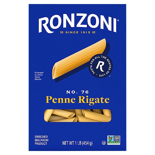Ronzoni Penne Rigate No. 76 Pasta, 16 oz
Ronzoni Penne Rigate pasta is tastefully textured and delightfully versatile. Its fine ridges and angled ends hold even the chunkiest of sauces. Pair it with a meaty bolognese, veggie-full red sauce, or roasted garlic oil. Penne Rigate works well in so many meals, it is a great go-to when you want to try new recipes and discover your next favorite pasta. Each 16 oz box contains 8 servings so you can share your favorite pasta dish with more than a few of your favorite people. A delicious foundation to wholesome meals, Ronzoni pasta is low fat, sodium- and cholesterol-free, vegetarian, non-GMO, and made with no artificial colors or preservatives. So, dish up delicious. Serve up scrumptious. Create your next five-star recipe. With Ronzoni, you can discover and re-discover your favorite pasta.