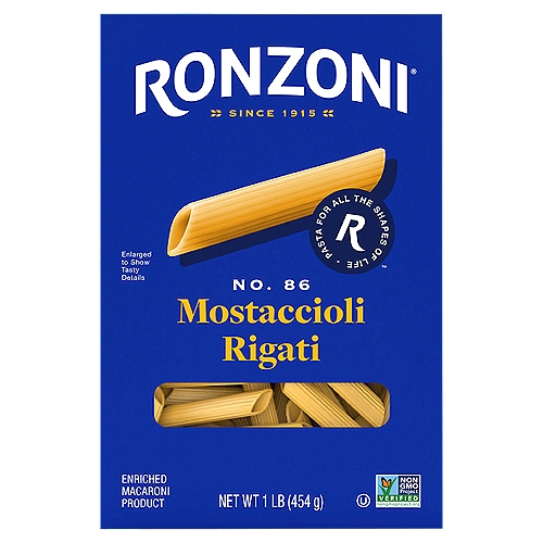 Ronzoni Mostaccioli Rigati, the finely ridged, penne-like pasta brings tasteful texture to pasta salads, baked dishes, meaty entrees and more. Longer than its penne cousin, Mostaccioli Rigati is tubular with angled ends. It is best suited to thinner sauces, which cling to its ridges for a balance of flavor and texture in every bite. Each 16 oz box contains up to eight servings so you can share your favorite pasta dish with more than a few of your favorite people. A delicious foundation to wholesome meals, Ronzoni pasta is low fat, sodium- and cholesterol-free, vegetarian, non-GMO, and made with no artificial colors or preservatives. So, dish up delicious. Serve up scrumptious. Create your next five-star recipe.

For more than 100 years, we've been making pastas that fuel life and all its dynamics. Culinary odysseys. Cozy, one-pot comforts. A portal to the past--moments of love and laughter in each scrumptious bite. Rediscover favorite dishes. Ronzoni is America's pasta brand, for all the shapes of life. Enjoy!