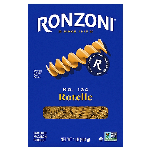 Ronzoni Rotelle is the large corkscrew pasta that adds a big twist to any dish. A spiraled delight, Rotelle plays it cool in chilled pasta salads and turns up the texture in baked pasta dishes. Pair this hearty, springy pasta with a meaty red sauce or toss it with a cold and creamy pasta salad dressing. With its fascinating spiral shape, Rotelle makes for a memorable meal. Each 16 oz box contains up to eight servings so you can share your favorite pasta dish with more than a few of your favorite people. A delicious foundation to wholesome meals, Ronzoni pasta is low fat, sodium- and cholesterol-free, vegetarian, non-GMO, and made with no artificial colors or preservatives. So, dish up delicious. Serve up scrumptious. Create your next five-star recipe.

For more than 100 years, we've been making pastas that fuel life and all its dynamics. Culinary odysseys. Cozy, one-pot comforts. A portal to the past--moments of love and laughter in each scrumptious bite. Rediscover favorite dishes. Ronzoni is America's pasta brand, for all the shapes of life. Enjoy!