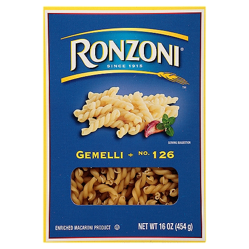 Ronzoni Gemelli No. 126 Pasta, 16 oz
Ronzoni Gemelli, or twins, have a twisting, turning shape that will keep you guessing with each delicious bite. This multi-use spiral, tubed noodle complements meaty, creamy, or tomato-y sauces with its twisty, tasty texture. It is also a stellar addition to pasta salads and bakes. Each 16 oz box contains up to 8 servings so you can share your favorite pasta dish with more than a few of your favorite people. A delicious foundation to wholesome meals, Ronzoni pasta is low fat, sodium- and cholesterol-free, vegetarian, non-GMO, and made with no artificial colors or preservatives. So, dish up delicious. Serve up scrumptious. Create your next five-star recipe. With Ronzoni, you can discover and re-discover your favorite pasta.

Ronzoni pasta is full of possibilities. For more than 100 years, we have been making dry pastas that fuel life and all its dynamics. Spaghetti dinners. Celebratory cavatappi, a new dish. Lasagna from family recipes. And fun twists like veggie-based rotini. Ronzoni is pasta, and pasta is life.