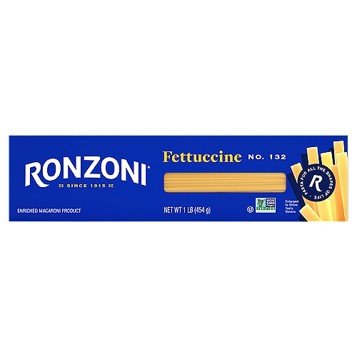 Ronzoni Fettuccine No. 132 Pasta, 16 oz
Ronzoni Fettuccine - it is not only for alfredo sauces. This long, ribbony pasta swims through sauces, soups, and even chilled pasta dishes, grabbing onto sauces for a forkful of yum in each bite. Each 16 oz box contains up to 8 servings so you can share your favorite pasta dish with more than a few of your favorite people. A delicious foundation to wholesome meals, Ronzoni pasta is low fat, sodium- and cholesterol-free, vegetarian, non-GMO, and made with no artificial colors or preservatives. So, dish up delicious. Serve up scrumptious. Create your next five-star recipe. With Ronzoni, you can discover and re-discover your favorite pasta.

Ronzoni pasta is full of possibilities. For more than 100 years, we have been making dry pastas that fuel life and all its dynamics. Spaghetti dinners. Celebratory cavatappi, a new dish. Lasagna from family recipes. And fun twists like veggie-based rotini. Ronzoni is pasta, and pasta is life.