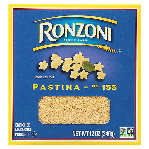 Ronzoni Pastina No. 155 Pasta, 12 oz
Ronzoni Pastina, or ''tiny dough,'' is a tiny, star-shaped pasta and the star of many delicious memories. Enjoy it in simple soups, side dishes, and cheesy sauces - even butter and milk. A nostalgic childhood dish for some, pastina is an equally enjoyed comfort for kids and grownups. Enjoy pastina in butter sauces, soups, and your memories, both new and old. Each 12 oz box contains up to 6 tasty servings. A delicious foundation to wholesome meals, Ronzoni pasta is low fat, sodium- and cholesterol-free, vegetarian, non-GMO, and made with no artificial colors or preservatives. So, dish up delicious. Serve up scrumptious. Create your next five-star recipe. With Ronzoni, you can discover and re-discover your favorite pasta.

Ronzoni pasta is full of possibilities. For more than 100 years, we have been making dry pastas that fuel life and all its dynamics. Spaghetti dinners. Celebratory cavatappi, a new dish. Lasagna from family recipes. And fun twists like veggie-based rotini. Ronzoni is pasta, and pasta is life.