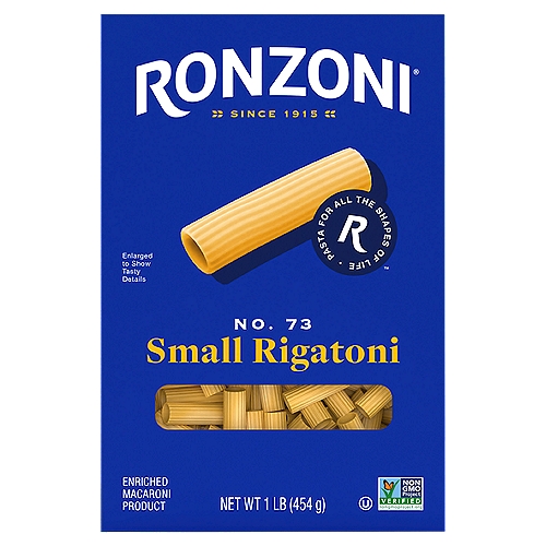 Ronzoni Small Rigatoni No. 73 Pasta, 16 oz
Ronzoni Small Rigatoni give taste, texture, and versatility in each box. Boil and bake them. Toss them in a rich sauce. Enjoy them in a cool pasta salad. Sauces cling to the ribbed tubes, creating a tunnel of tastiness. Pair Small Rigatoni with hearty, rich sauces - creamy or tomato-based - for a flavor-filled pasta dish. Each 16 oz box contains up to 8 servings so you can share your favorite pasta dish with more than a few of your favorite people. A delicious foundation to wholesome meals, Ronzoni pasta is low fat, sodium- and cholesterol-free, vegetarian, non-GMO, and made with no artificial colors or preservatives. So, dish up delicious. Serve up scrumptious. Create your next five-star recipe. With Ronzoni, you can discover and re-discover your favorite pasta.

Ronzoni pasta is full of possibilities. For more than 100 years, we have been making dry pastas that fuel life and all its dynamics. Spaghetti dinners. Celebratory cavatappi, a new dish. Lasagna from family recipes. And fun twists like veggie-based rotini. Ronzoni is pasta, and pasta is life.
