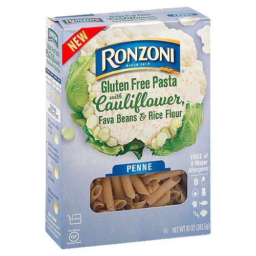 Ronzoni Penne Gluten Free Pasta with Cauliflower, Fava Beans & Rice Flour, 10 oz
Ronzoni Gluten Free Cauliflower Penne is a vegan pasta crafted with cauliflower, fava beans, and rice flour. A delicious combination that offers the texture of traditional pasta. Ronzoni Gluten Free Cauliflower Penne creates a tasty, plant-based foundation to wholesome meals. Enjoy the goodness of Ronzoni GF pasta. Each 10 oz box contains up to 5 satisfying servings. A delicious foundation to wholesome meals, Ronzoni Gluten Free Cauliflower pasta is low fat, sodium- and cholesterol-free, vegan, and made with no artificial colors or preservatives. So, dish up delicious. Serve up scrumptious. Create your next five-star recipe. With Ronzoni, you can discover and re-discover your favorite pasta.