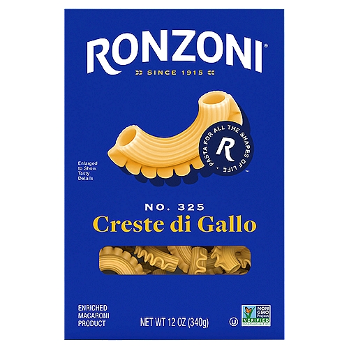 Ronzoni No. 325 Creste Di Gallo Pasta, 12 oz
Ronzoni Creste di Gallo is the sun coming up along the horizon, a forkful of joy, sure to impress every guest at your table. The lightly ruffled edges, crescent shape, and tubed design make each and every bite pure bliss. Ronzoni Creste di Gallo pairs well with all-of-the-sauces and is hearty enough for meats and chopped veggies. Its artful design adds fanciful flair to special meals. Each 12 oz box contains up to 6 tasty servings. A delicious foundation to wholesome meals, Ronzoni pasta is low fat, sodium- and cholesterol-free, vegetarian, non-GMO, and made with no artificial colors or preservatives. So, dish up delicious. Serve up scrumptious. Create your next five-star recipe. With Ronzoni, you can discover and re-discover your favorite pasta.