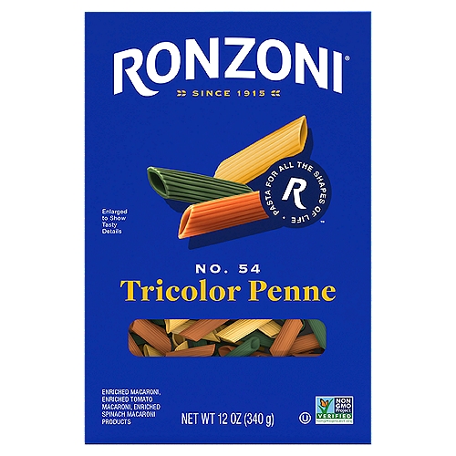 Ronzoni No. 54 Tricolor Penne Pasta, 12 oz
Ronzoni Tricolor Penne brings a delicious burst of color to any plate. Brighten up cold salads, side dishes - really any of your favorite penne pastas. Enriched with tomato and spinach, Ronzoni Tricolor Penne is a beautiful addition to backyard barbecues, midday meals, and more. Each 12 oz box contains up to 6 tasty servings. A colorful foundation to wholesome meals, Ronzoni Tricolor pasta is low fat, sodium- and cholesterol-free, non-GMO, and made with no artificial colors or preservatives. So, dish up delicious. Serve up scrumptious. Create your next five-star recipe. With Ronzoni, you can discover and re-discover your favorite pasta.