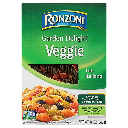 Ronzoni Garden Delight Veggie Trio Italiano Pasta, 12 oz
Ronzoni Garden Delight Trio Italiano brings three of our favorite pasta shapes together — each box includes a fun mix of shells, rotini, and penne. Plus, it is made with three types of vegetables - dried carrot, tomato, and spinach for a 3-color trio. And it provides a quarter-cup of vegetables per 2 oz serving. With this garden-inspired variety, you don't have to choose your favorite pasta shape or color - you can have all three. Each 12 oz box contains up to 6 tasty servings. A delicious foundation to wholesome meals, Ronzoni pasta is low fat, sodium- and cholesterol-free, vegetarian, non-GMO, and made with no artificial colors or preservatives. So, dish up delicious. Serve up scrumptious. Create your next five-star recipe. With Ronzoni, you can discover and re-discover your favorite pasta.

Ronzoni pasta is full of possibilities. For more than 100 years, we have been making dry pastas that fuel life and all its dynamics. Spaghetti dinners. Celebratory cavatappi, a new dish. Lasagna from family recipes. And fun twists like veggie-based rotini. Ronzoni is pasta, and pasta is life.