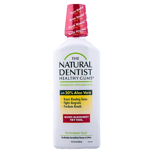 The Natural Dentist Healthy Gums Rinse Peppermint Twist, 16.9 fl oz
We put a lot of unhealthy things in our mouths in the pursuit of oral health, but it doesn't have to be that way. The Natural Dentist Healthy Gums® Antigingivitis Peppermint Twist Rinse contains no alcohol or artificial ingredients, but it's just as effective at eliminating plaque, freshening breath and preventing bleeding gums.

Peppermint Twist Antigingivitis/Antiplaque Rinse

The Natural Dentist Healthy Gums® antigingivitis/ antiplaque rinse will treat bleeding gums and other gingivitis symptoms. Once your symptoms go away, keep using The Natural Dentist® every day for continued gum health and fresh breath.

Drug Facts
Active Ingredients - Purpose
Aloe Vera (20%) - Antigigivitis/Antiplaque

Uses
Helps reduce and prevent bleeding gums.