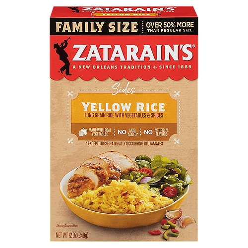 Zatarain's Yellow Rice Long Grain with Vegetables & Spices Family Size, 12 oz
Long Grain Rice with Vegetables & Spices

No MSG added*
*except those naturally occurring glutamates

Yellow rice, or arroz amarillo in Spanish, is a culinary staple in nearly every Latin American culture. It is commonly served as a simple side dish or, more famously, simmered with chicken and other ingredients to create arroz con pollo.
