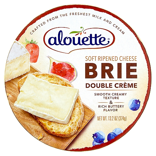 Smooth, nutty, and delightfully mild. Alouette Double Crème is a refined and approachable brie handcrafted by our cheesemakers using a traditional French recipe and high-quality, locally sourced ingredients. This deliciously creamy, soft-ripened cheese is made with r-BST-free milk and features fresh notes of cream and hazelnut. A must-try for any cheese lover, the buttery texture of Alouette Double Crème pairs beautifully with crisp white wine and fresh, fruity jam.
