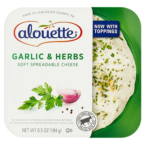 Alouette Garlic & Herbs Soft Spreadable Cheese, 6.5 oz
From cows not treated with rBST*
*No significant difference has been shown between milk derived from rBST-treated and non-rBST treated cows.

Rediscover Our Passion Now!
Our creamy cheese is blended with garlic and herbs, harvested at their peak and handled with special care, to create our signature flavor.

Did You Know?
Our spreadable cheeses are made in the heart of Lancaster County, PA, from rBST free dairy ingredients. Our milk is sourced directly from farms in Lancaster County and the region ensuring a rich, high quality cheese.