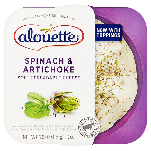 Alouette Spinach & Artichoke Soft Spreadable Cheese, 6.5 oz
From cows not treated with rBST*
*No significant difference has been shown between milk derived from rBST-treated and non-rBST treated cows.

Rediscover Our Passion Now!
See what happens when artichokes and spinach combine to create a complex, well-loved flavor in a soft creamy cheese spread.