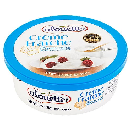 Alouette Crème Fraîche, 7 oz
Crème Fraîche, a pillar of French cuisine, is a superior cooking cream used in many different recipes. Use Crème Fraîche in place of sour cream or heavy cream to bring a rich, velvety texture to soups and sauces. Our flavor-save cup completely protects our Crème Fraîche from light which helps to preserve its flavor all the way through the sell-by date.