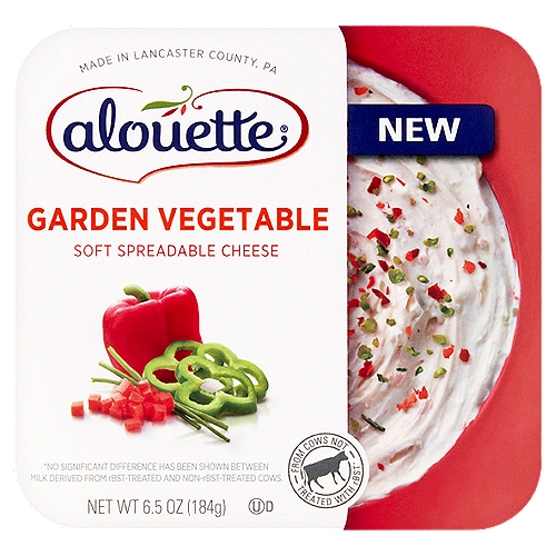 Alouette Garden Vegetable Soft Spreadable Cheese, 6.5 oz
From Cows Not Treated with rBST*
*No Significant Difference Has Been Shown Between Milk Derived from rBST-Treated and Non-rBST-Treated Cows.
