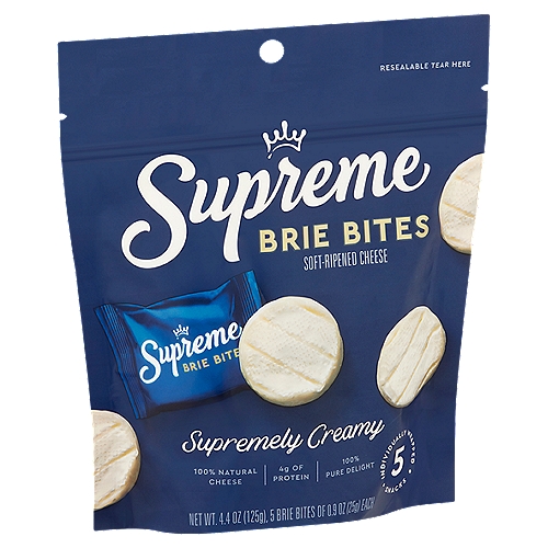 Supreme Brie Bites Soft-Ripened Cheese, 0.9 oz, 5 count
Supreme Brie Bites are Small Wonders of Creamy Decadence. Each Bite is Supremely Creamy, Rich & Buttery. Individually Wrapped, Perfect for Snacking. Almost Too Good to Share.

Milk from Cows Not Treated with rBST*
*No significant difference has been shown between milk derived from rBST-treated and non-rBST-treated cows