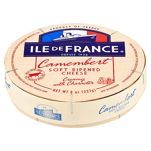 Ile de France Camembert Soft Ripened Cheese, 8 oz
Milk from Cows Not Treated with rBST*
*No Significant Difference Has Been Shown Between Milk Derived from rBST-Treated and Non-rBST-Treated Cows

Transport your taste buds to the rolling pastures of France with this French camembert: a creamy cheese with distinctive character and remarkable richness.