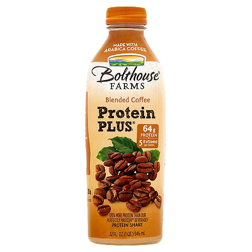 Bolthouse Farms Protein Plus Blended Coffee Protein Shake, 32 fl oz
Protein Plus®‡
120% more protein than our Perfectly Protein® beverages‡
‡Per 8 fl. oz. serving comparison: this product - 16 g protein / our Perfectly Protein® beverages - 7 g protein

64 g protein + 5 B vitamins† per bottle
†From milk and added ingredients

Whey + Soy
This proprietary blend uses two different types of protein for improved performance. Whey protein is absorbed quickly to satisfy immediate nutritional needs while soy protein absorbs at a slower rate for sustained benefits.

The Essential B's
May assist in the metabolism of protein and fat.