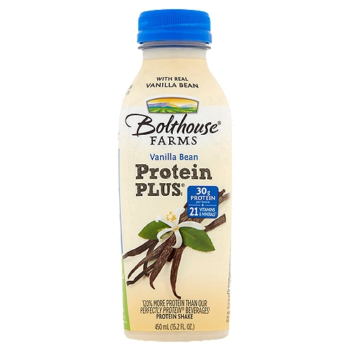 Bolthouse Farms Protein Plus Vanilla Bean Protein Shake, 15.2 fl oz
30g protein per bottle + 21 vitamins & minerals†
†From milk and added ingredients

120% more protein than our Perfectly Protein® beverages‡
The Power of Protein Plus®‡
‡Per 8 fl. oz. serving comparison: This product - 16 g protein / our Perfectly Protein® beverages - 7 g protein

Whey + Soy
This proprietary blend uses two different types of protein for improved performance. Whey protein is absorbed quickly to satisfy immediate nutritional needs while soy protein absorbs at a slower rate for sustained benefits.

Essential B's
May assist in the metabolism of protein and fat.

Essential Minerals
A blend of 9 minerals, including calcium, magnesium and potassium.