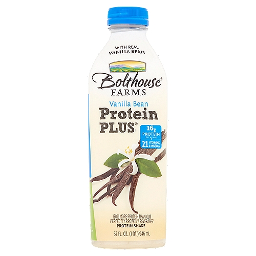 Bolthouse Farms Protein Plus Vanilla Bean Protein Shake, 32 fl oz
Protein Plus®‡
120% more protein than our perfectly protein® beverages‡
The Power of Protein Plus®‡
‡Per 8 fl. oz. serving comparison: This product - 16 g protein / our perfectly protein® beverages - 7 g protein

16g protein per serving + 21 vitamins & minerals†
Essential B's
May assist in the metabolism of protein and fat.
Essential Minerals
A blend of 9 minerals, including calcium, magnesium and potassium.
† From milk and added ingredients

Whey + Soy
This proprietary blend uses two different types of protein for improved performance. Whey protein is absorbed quickly to satisfy immediate nutritional needs while soy protein absorbs at a slower rate for sustained benefits.