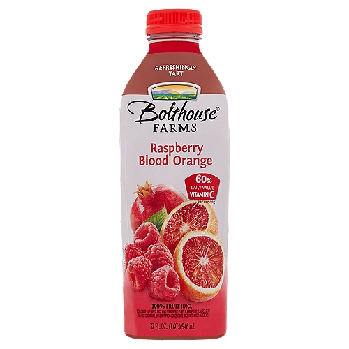 Bolthouse Farms No Sugar Added Raspberry Blood Orange 100% Fruit Juice, 32 fl oz
Blood Orange Juice, Apple Juice and Strawberry Puree in a Raspberry Flavored Blend of 6 from Concentrate and 2 Not from Concentrate Juices with Added Ingredients

No Sugar Added**
**Not a Low Calorie Food

Feel Good About What's in this Bottle
Which Includes the Juice of†:
4 3/4 Blood Oranges
1 3/4 Apples
16 3/4 Strawberries
12 Cherries
3/4 Pomegranate
†Not an Exhaustive List

One Serving Equals 1/2 Cup of Juice. Daily Recommendation: 4 Servings of a Variety of Fruit, Including Whole Fruits, for a 2,000 Calorie Diet (MyPlate).

Antioxidant Vitamin
Vitamin C
60% Daily Value
Helps support the immune system.