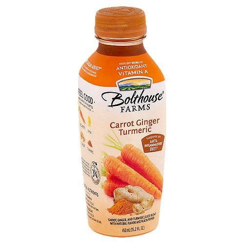 Bolthouse Farms No Sugar Added Carrot Ginger Turmeric Juice, 15.2 fl oz
Carrot, Ginger, and Turmeric Juice Blend with Natural Flavor and Black Pepper

Supports an Anti-Inflammatory Diet†
†Contains Turmeric, Which Has Anti-Inflammatory Properties.

No Sugar Added**
**Not a Low Calorie Food

Feel Good About What's in this Bottle
Which Includes the Juice of:
9 Carrots
Lemon
Ginger
Turmeric

One Serving Equals 1/2 Cup of Juice. Daily Recommendation: 4 Servings of a Variety of Fruit & Vegetables, Including Whole Fruits & Vegetables, for a 2,000 Calorie Diet (MyPlate).

Essential Nutrients
Vitamin A - 290% Daily Value
Helps support healthy skin and eyes.

Potassium - 20% Daily Value
Helps support the proper function of cells.