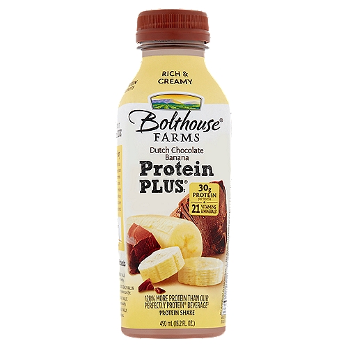 Bolthouse Farms Dutch Chocolate Banana Protein Shake, 15.2 fl oz
Protein Plus®‡

30g Protein per bottle + 21 Vitamins & Minerals†
† From Milk and Added Nutrients

120% More Protein than Our Perfectly Protein Beverage‡

The Power of Protein Plus®‡

Whey + Soy
This proprietary blend uses two different types of protein for improved performance. Whey protein is absorbed quickly to satisfy immediate nutritional needs while soy protein absorbs at a slower rate for sustained benefits.
‡ Per 15.2 fl oz Serving Comparison: This Product - 30 g Protein/ Our Perfectly Protein® Beverages - 13 g Protein.

Essential Nutrients
Vitamin A - 50% Daily Value
Helps keep eyes and skin healthy.

Vitamins B6 & B12 - Over 200% Daily Value
Helps support the metabolism of proteins and fat.

Vitamin C - 270% Daily Value
Helps keep teeth and gums healthy.

Calcium - 70% Daily Value
Helps build strong bones.