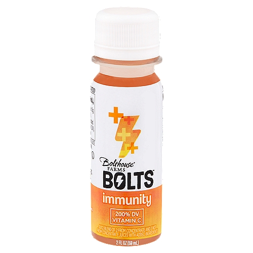 Bolthouse Farms Bolts Immunity Juice, 2 fl oz
Juice Blend of 2 from Concentrate and 3 Not from Concentrate Juices with Added Ingredients