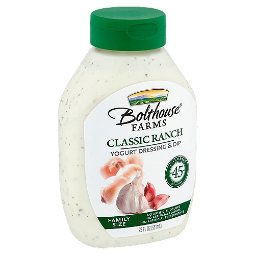 Bolthouse Farms Classic Ranch Yogurt Dressing & Dip Family Size, 22 fl oz
Feel Good About What's in this Bottle
• 0g trans fat per serving
• No artificial preservatives
• No artificial colors or flavors