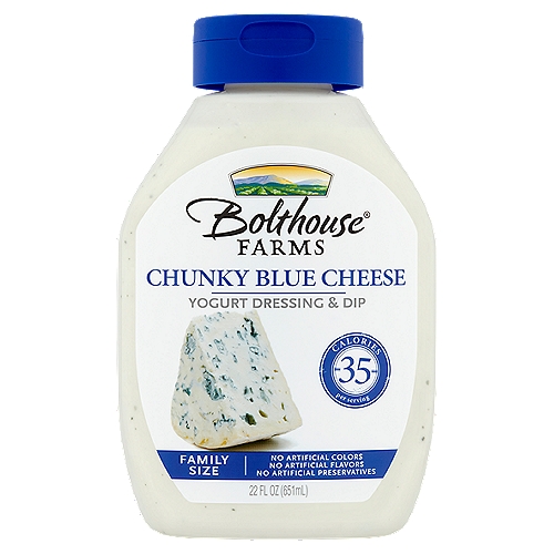 Bolthouse Farms Chunky Blue Cheese Yogurt Dressing & Dip Family Size, 22 fl oz
Feel Good about What's in this Bottle
• 0g trans fat per serving
• No artificial preservatives
• No artificial colors or flavors