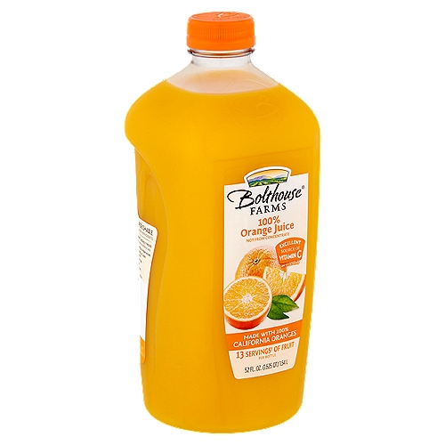 Bolthouse Farms 100% Orange Juice, 52 fl oz
13 Servings† of Fruit Per Bottle
†One Serving Equals 1/2 Cup of Juice. Daily Recommendation: 4 Servings of a Variety of Fruit, Including Whole Fruits, for a 2,000 Calorie Diet (MyPlate).

Feel Good About What's in this Bottle
100% of the oranges in this bottle are grown in the sunny groves of California which gives this juice its perfectly sweet taste.
Which Includes the Juice of: 19 1/4 California Oranges

Vitamin C
110% Daily Value
May help support a healthy immune system.

No sugar added**
**Not a Low Calorie Food