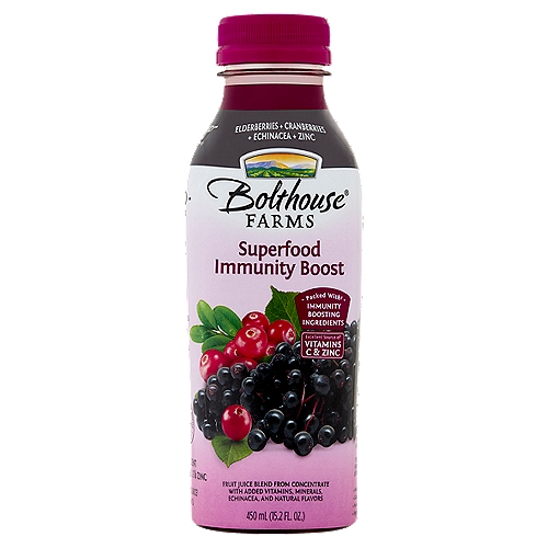 Bolthouse Farms Superfood Immunity Boost Fruit Juice, 15.2 fl oz
Fruit Juice Blend from Concentrate with Added Vitamins, Minerals, Echinacea, and Natural Flavors

Packed with† Immunity Boosting Ingredients

Excellent source of† Vitamins C & Zinc

Provides an Excellent Source† of Vitamins C, E & Zinc

With a Good Source† of Vitamin D
†From Fruit and Added Ingredients

Feel Good About what's in this Bottle
We have carefully selected top immunity boosting ingredients to deliver an unmatched combination of flavor and nutrition.
Which Includes the Juice of‡:
Over 400 Elderberries
Over 50 Cranberries
Plus 100mg Echinacea
‡One Serving Equals 4 Cup of Juice. Daily Recommendation: 4 Servings of a Variety of Fruit, Including Whole Fruits, for a 2,000 Calorie Diet (Myplate).
‡Not an Exhaustive List

No Sugar Added**
**Not a Low Calorie Food