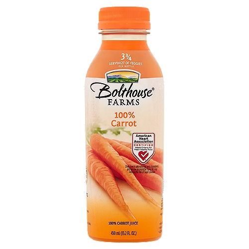 Bolthouse Farms 100% Carrot Juice, 15.2 fl oz
3 3/4 servings† of veggies per bottle
†One serving of vegetables equals 1/2 cup of juice. Daily Recommendation: 2 1/2 cups (5 servings) of a variety of vegetables, including whole vegetables, for a 2,000 calorie diet (myplate).

Feel Good About What's in this Bottle
We go to great lengths to harvest, peel and juice our carrots quickly to capture the sweet, farm-style taste.
Which includes the juice of: 11 1/2 carrots

Essential Nutrients
Vitamin A
660% daily value
Helps support healthy skin and eyes.

Potassium
15% daily value
Helps support the proper function of cells.