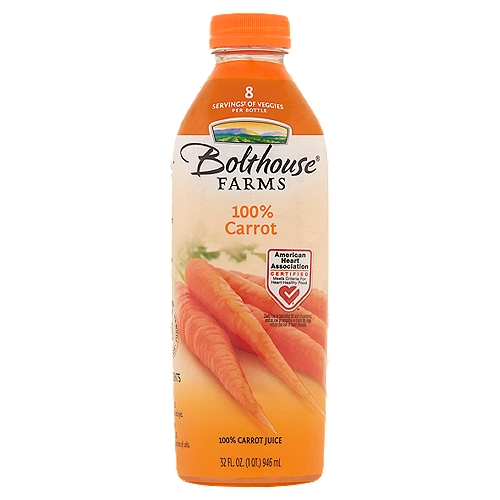 Bolthouse Farms 100% Carrot Juice, 32 fl oz
8 servings† of veggies per bottle
†One serving of vegetables equals 1/2 cup of juice. Daily Recommendation: 2 1/2 cups (5 servings) of a variety of vegetables, including whole vegetables, for a 2,000 calorie diet (myplate).

No sugar added**
**Not a low calorie food

Feel Good About What's in this Bottle
We go to great lengths to harvest, peel and juice our carrots quickly to capture the sweet, farm-style taste.
Which includes the juice of: 24 1/2 carrots

Essential Nutrients
Vitamin A
180% daily value
Helps support healthy skin and eyes.

Potassium
10% daily value
Helps support the proper function of cells.