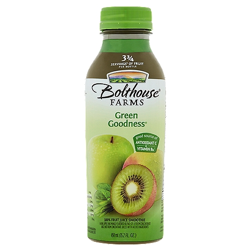 Bolthouse Farms Green Goodness 100% Fruit Juice Smoothie, 15.2 fl oz
A Kiwi, Apple and Mango Flavored Blend of 4 from Concentrate and 2 Not from Concentrate Juices with Added Ingredients

3 3/4 servings¥ of fruit per bottle
¥One serving equals 1/2 cup of juice. Daily Recommendation: 4 servings of a variety of fruit, including whole fruits, for a 2,000 calorie diet (myplate).

Good source of antioxidant C & vitamin B12†
†From fruit and added nutrients

Feel Good About What's in this Bottle
We generously blend over 15 ingredients to deliver an unmatched combination of flavor and nutrition.

Which includes the juice of‡:
3/4 apple
1/3 pineapple
1 mango
1/3 banana
1/3 kiwi
‡Not an exhaustive list

And These Ingredients:
Spirulina 1355mg
Green tea 78mg
Broccoli 75mg
Spinach 75mg
Barley grass 55mg
Wheatgrass 55mg
Garlic <1mg
Jerusalem artichoke <1mg
Nova Scotia dulse 8.5mcg
Iron 1.5mg
Manganese 3.7mg
Vitamin B6 0.28mg
Vitamin B12 1.41mcg
Vitamin C 17mg
