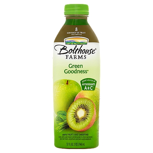 Bolthouse Farms Green Goodness 100% Fruit Juice Smoothie, 32 fl oz
A Kiwi, Apple and Mango Flavored Blend of 4 from Concentrate and 2 Not from Concentrate Juices with Added Ingredients

8 servings¥ of fruit per bottle
¥One serving equals 1/2 cup of juice. Daily recommendation: 4 servings of a variety of fruit, including whole fruits, for a 2,000 calorie diet (MyPlate).

Good source of antioxidants A & C†
†From fruit and added nutrients

Feel Good About What's in this Bottle
We generously blend over 15 ingredients to deliver an unmatched combination of flavor and nutrition.

Which includes the juice of‡:
1 3/4 apples, 2/3 pineapple, 2 1/3 mangos, 3/4 banana, 2/3 kiwi
‡Not an exhaustive list

And these ingredients:
Spirulina - 3466mg
Green Tea - 200mg
Broccoli - 191mg
Spinach - 191mg
Barley Grass - 142mg
Wheatgrass - 142mg
Garlic - 2mg
Jerusalem Artichoke - 2mg
Nova Scotia Dulse - 20µg
Iron - 4mg
Manganese - 8mg
Vitamin A - 3863 IU
Vitamin B6 - 990µg
Vitamin B12 - 6µg
Vitamin C - 126mg