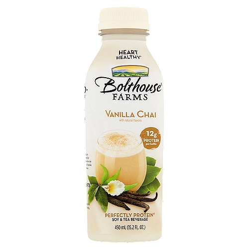 Bolthouse Farms Vanilla Chai Soy & Tea Beverage, 15.2 fl oz
Heart Healthy†

Perfectly Protein®

Feel Good About What's in this Bottle
Our Vanilla Chai is a smooth blend of brewed green tea, heart healthy soy protein†, chai spices and a hint of vanilla flavor - It's as nutritious as it is delicious.

†25 grams of soy protein daily, as part of a diet low in saturated fat and cholesterol, may reduce the risk of heart disease. A serving of Vanilla Chai has 12 grams of soy protein.

Essential Nutrients
Protein
12g Per Serving
Provides essential building blocks to help build and maintain your body.