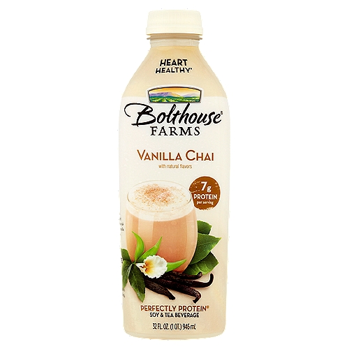 Bolthouse Farms Perfectly Protein Vanilla Chai Soy & Tea Beverage, 32 fl oz
Heart healthy†

Feel Good About What's in this Bottle
Our Vanilla Chai is a smooth blend of brewed green tea, heart healthy soy protein†, chai spices and a hint of vanilla flavor - It's as nutritious as it is delicious.
†25 grams of soy protein daily, as part of a diet low in saturated fat and cholesterol, may reduce the risk of heart disease. A serving of Vanilla Chai has 7 grams of soy protein.

Essential Nutrients
Protein
7g per serving
Provides essential building blocks to help build and maintain your body.