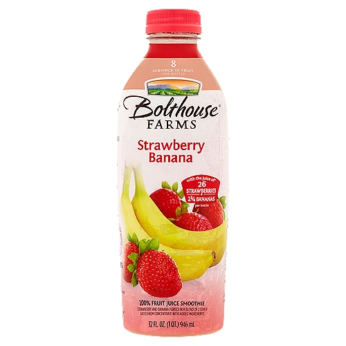 Strawberry and Banana Purees in a Blend of 2 Other Juices from Concentrate with Added Ingredientsnn8 servings‡ of fruit per bottlen‡One serving equals 1/2 cup of juice. Daily recommendation: 4 servings of a variety of fruit, including whole fruits, for a 2,000 calorie diet (MyPlate).nnWith the juice of† 26 strawberries + 2 1/4 bananas per bottlennFeel good about what's in this bottle which includes the juice of†:n26 strawberriesn2 1/4 bananasn1 3/4 pearsn2 1/4 applesn†Not an exhaustive listnnEssential NutrientsnVitamin Cn100% daily valuenHelps support the immune system.nnPotassiumn6% daily valuenHelps support the proper function of cells.